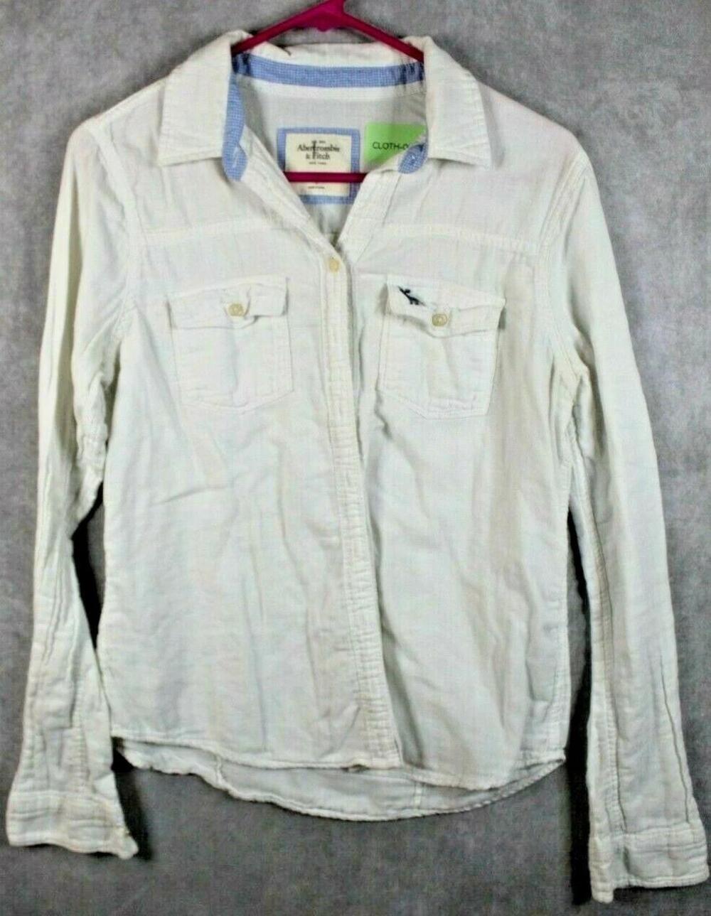 Abercrombie & Fitch Shirt Womens Large White Button Up Long Sleeve Moose Logo